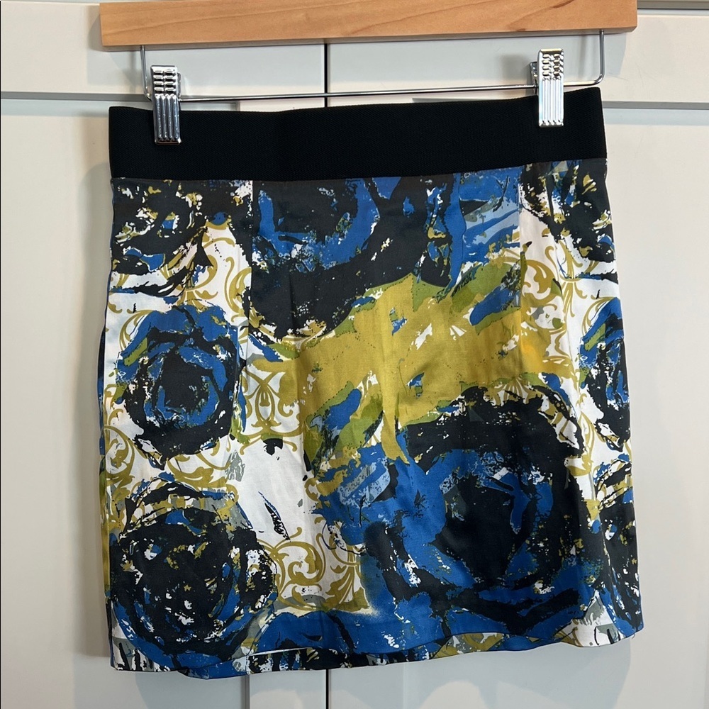 Painted Floral Stretch-Waist Mini Skirt in Blue/Black/Olive